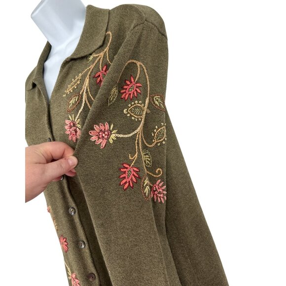 Talbots Floral Embroidered Button-Up Olive Green Long Sleeve Cardigan SizeM - Picture 4 of 11